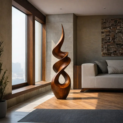Abstract Twisted Solid Wood Sculpture Handcarved Modern Wooden Floor Art
