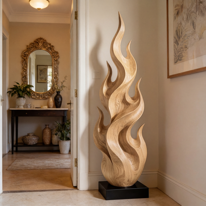 Flame Inspired Abstract Wood Sculpture Floor Decor
