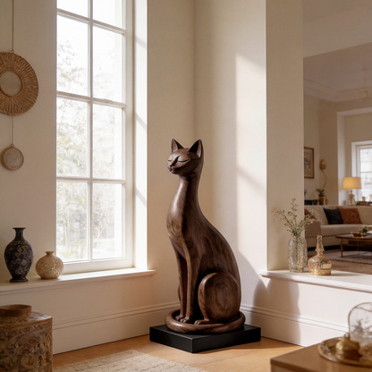 Minimalist Sitting Cat Wood Sculpture