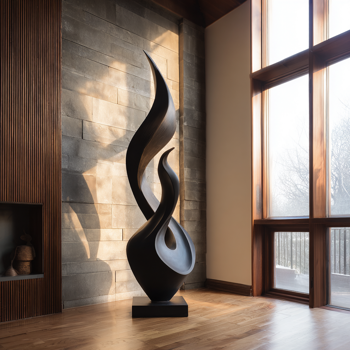 Organic Solid Wood Flame Sculpture for Modern Living Room Decor