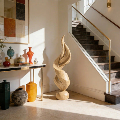 Abstract Twisted Sculpture in Natural Wood with Fluid Form