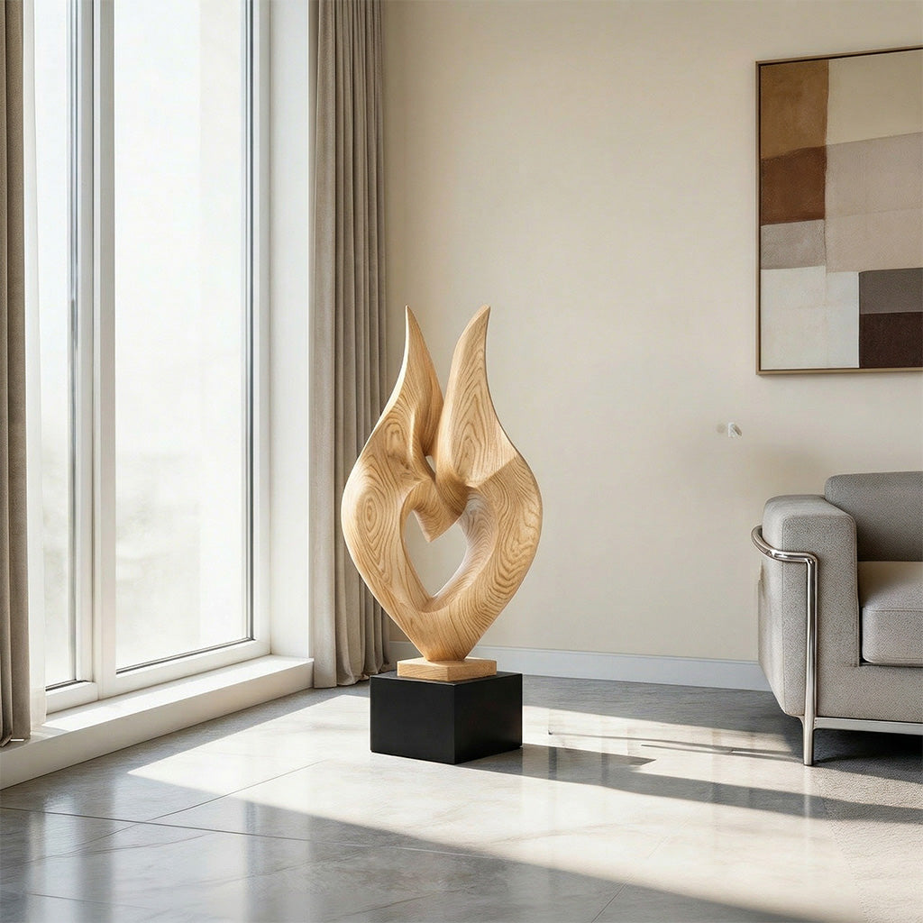 Abstract Embrace Sculpture in Natural Wood with Intertwined Form