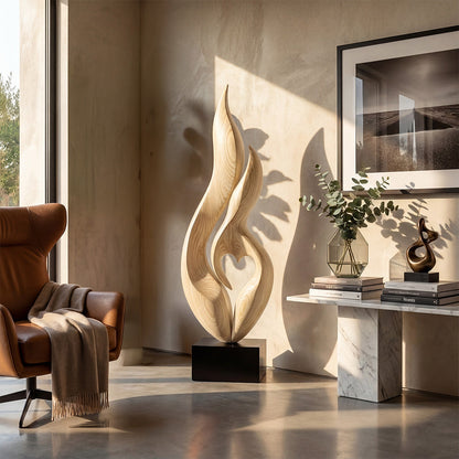 Abstract Flame Form Sculpture in Natural Wood with Dual Curves