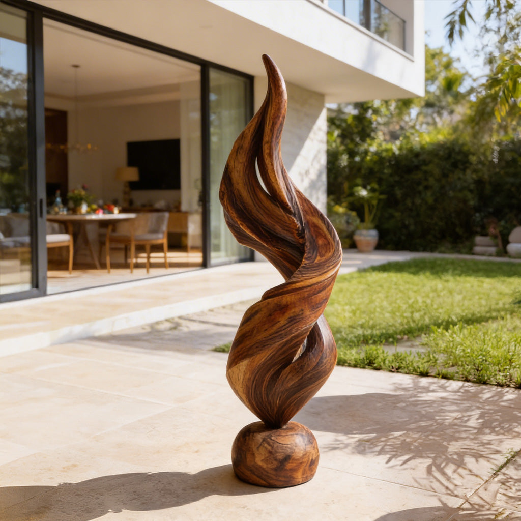 Abstract Twisted Sculpture in Natural Wood with Fluid Form