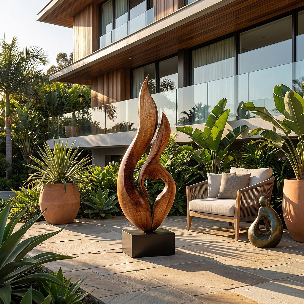 Abstract Flame Form Sculpture in Natural Wood with Dual Curves