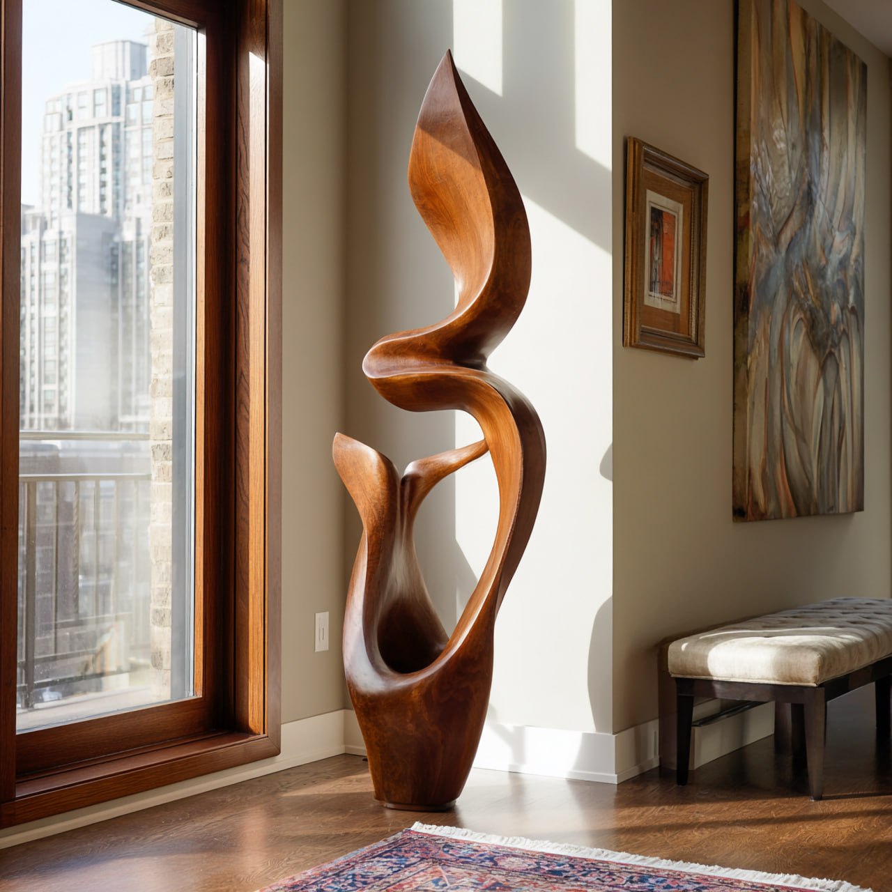 Elegant Abstract Solid Wood Sculpture Handcrafted Modern Wooden Floor Art Statue