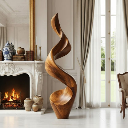 Tall Twisted Floor Sculpture in Natural Wood for Elegant Homes