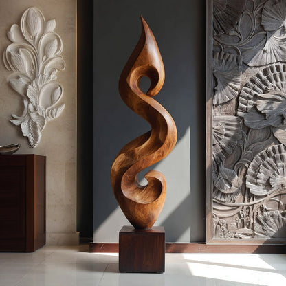 Elegant Spiral Floor Sculpture in Natural Wood Accent
