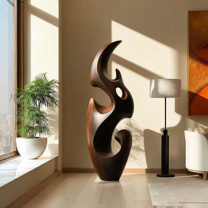 Contemporary Floor Sculpture With Fluid Natural Wood Form