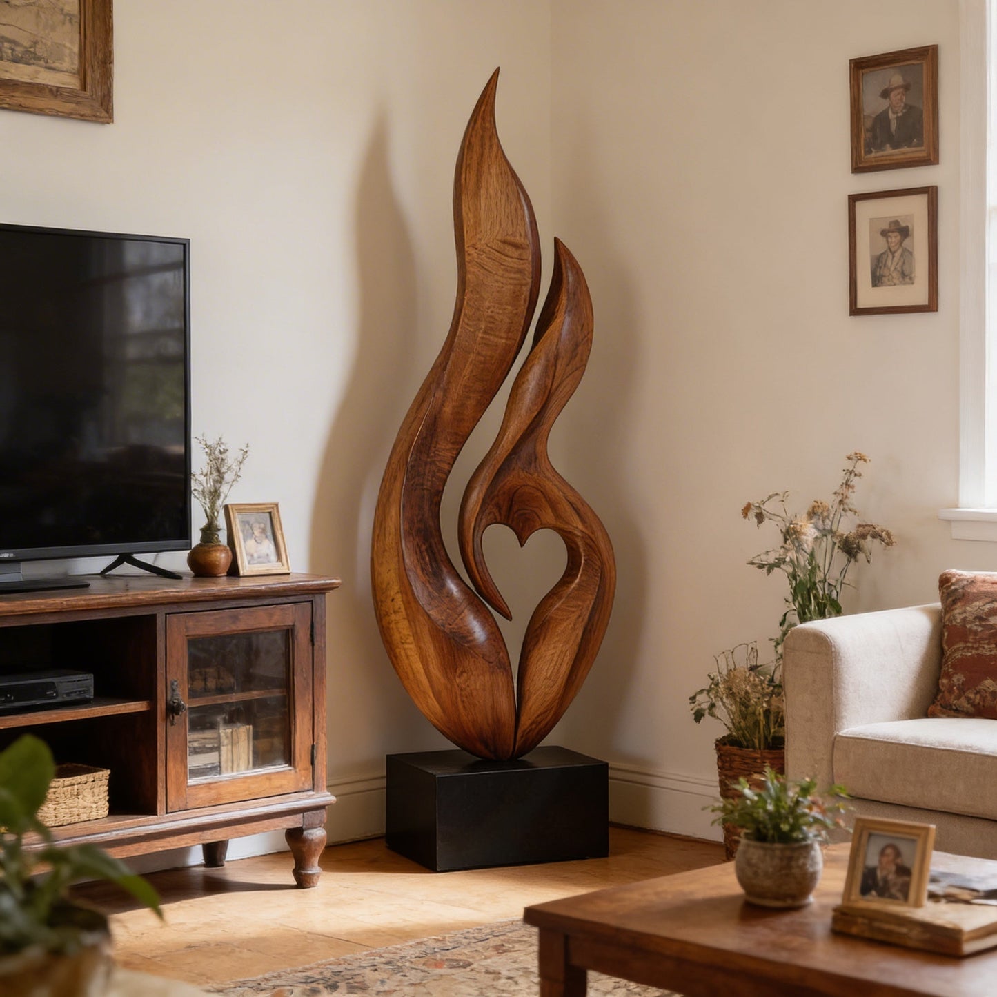 Abstract Flame Form Sculpture in Natural Wood with Dual Curves