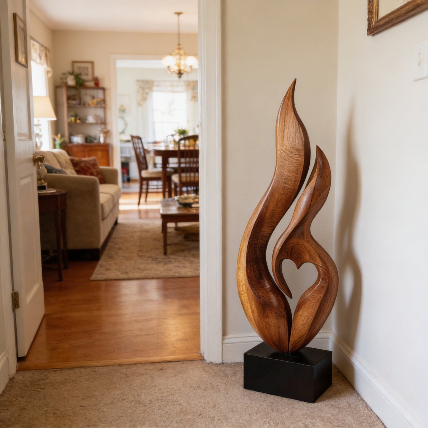 Abstract Flame Form Sculpture in Natural Wood with Dual Curves