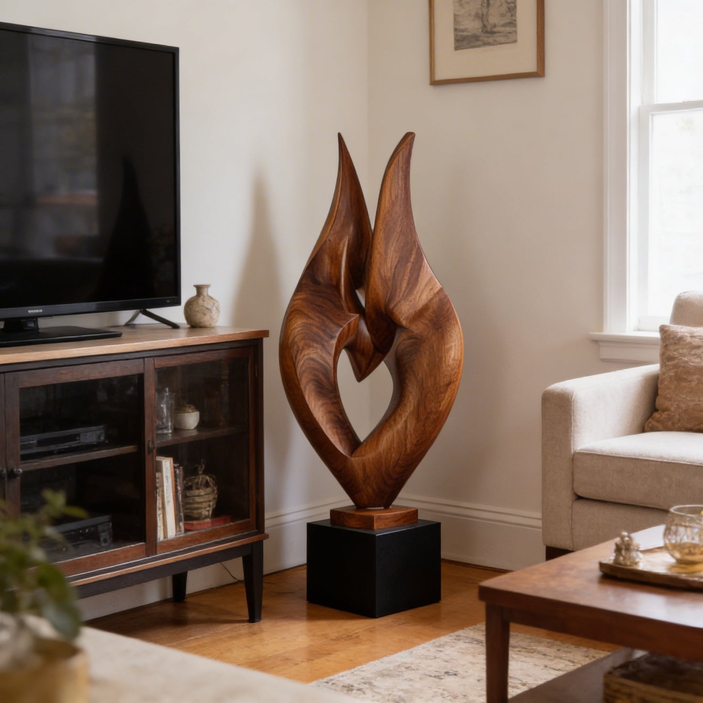 Abstract Embrace Sculpture in Natural Wood with Intertwined Form