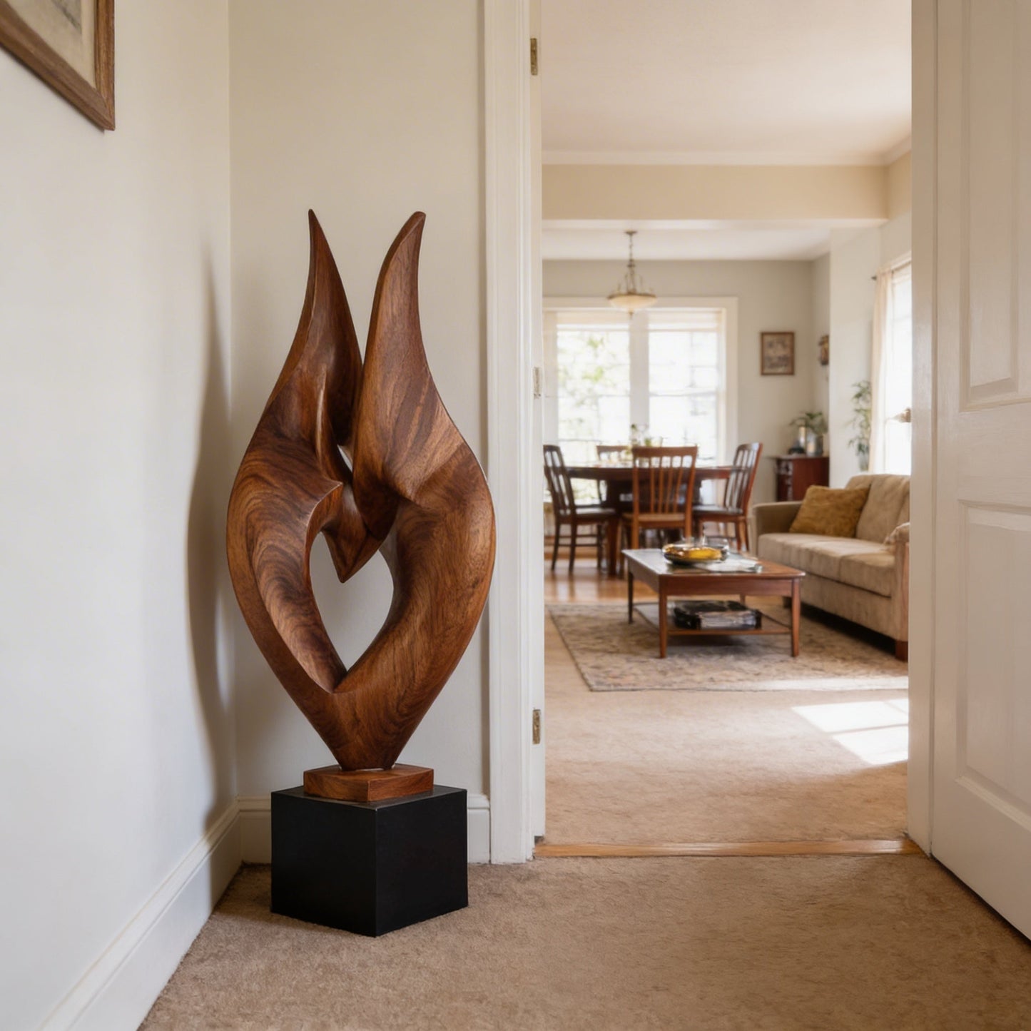 Abstract Embrace Sculpture in Natural Wood with Intertwined Form