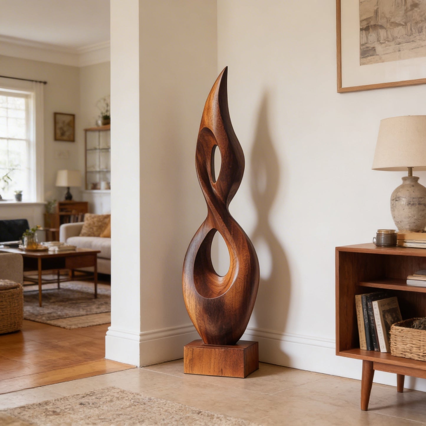 Abstract Open Form Wood Sculpture with Dual Hollow Design