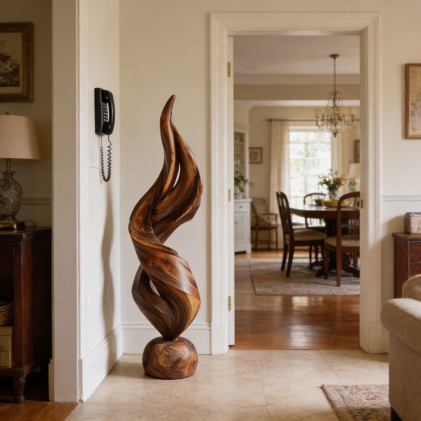 Abstract Twisted Sculpture in Natural Wood with Fluid Form