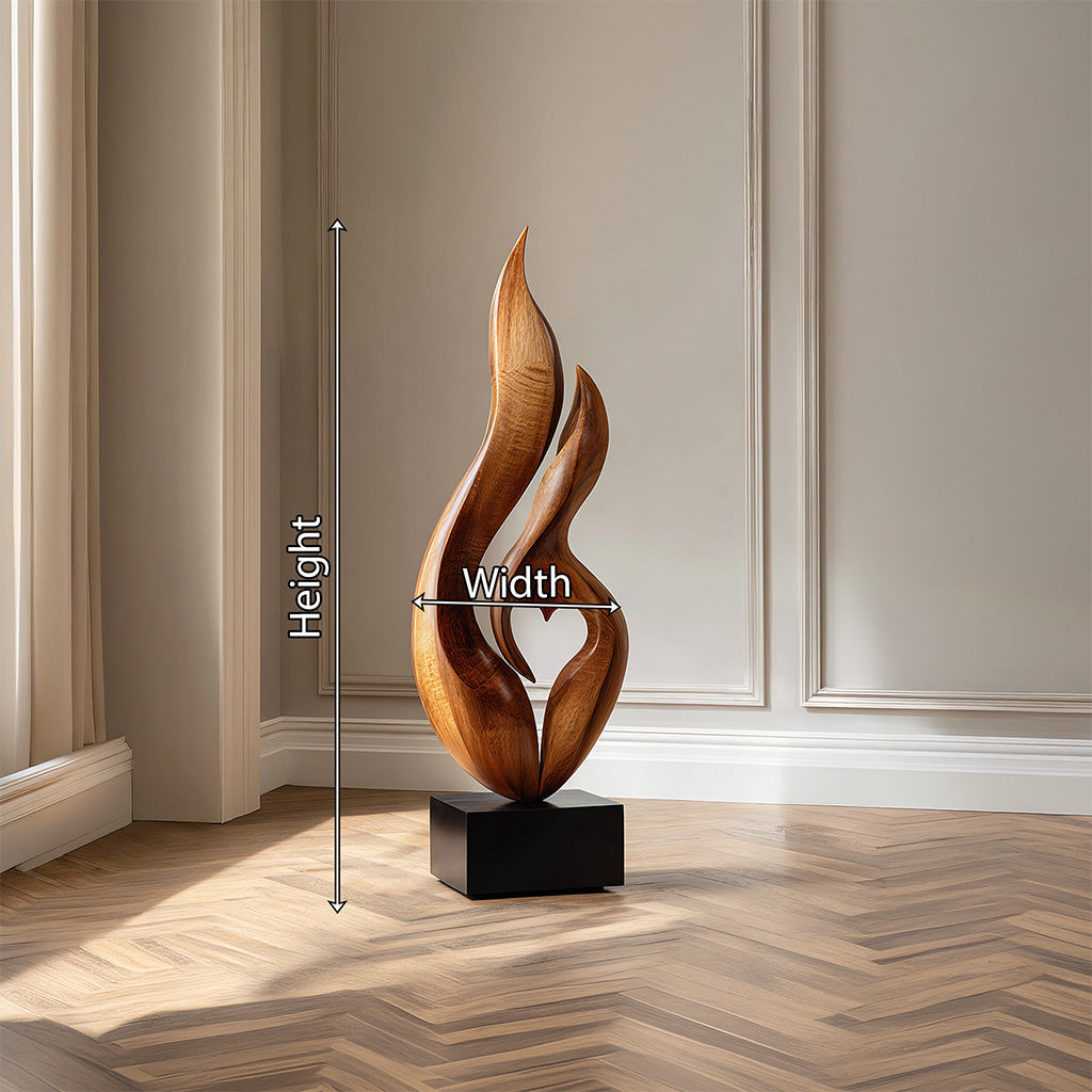 Abstract Flame Form Sculpture in Natural Wood with Dual Curves
