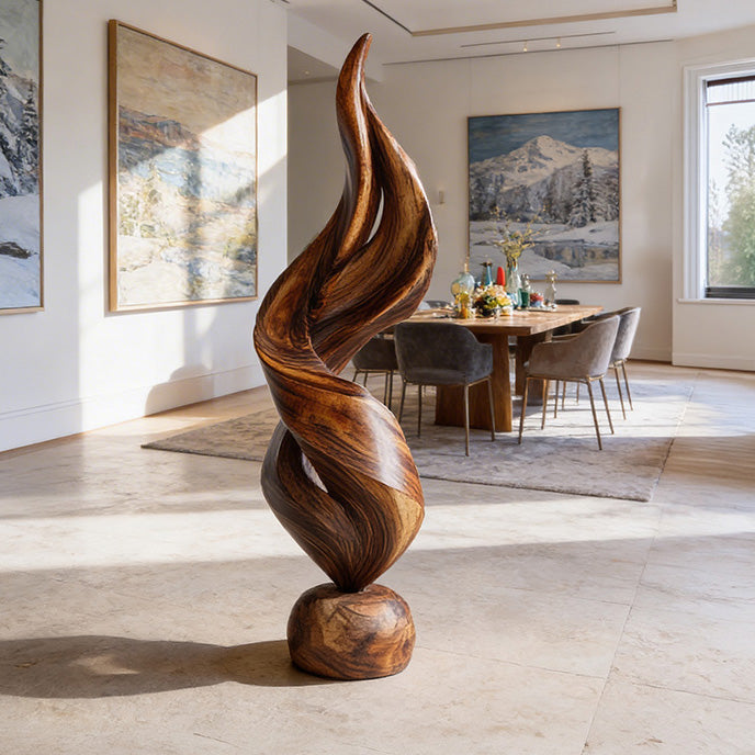 Abstract Twisted Sculpture in Natural Wood with Fluid Form