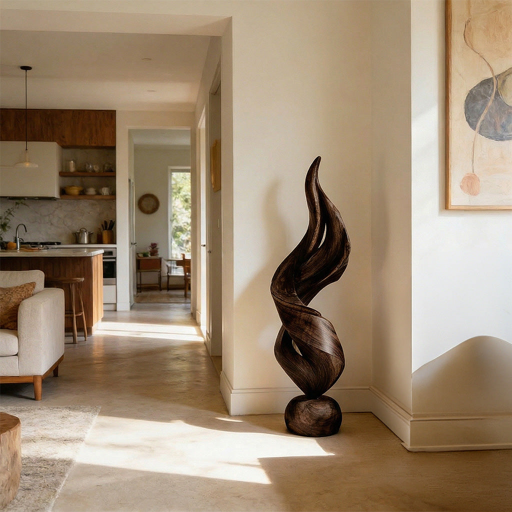 Abstract Twisted Sculpture in Natural Wood with Fluid Form