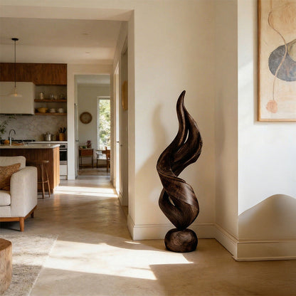 Abstract Twisted Sculpture in Natural Wood with Fluid Form