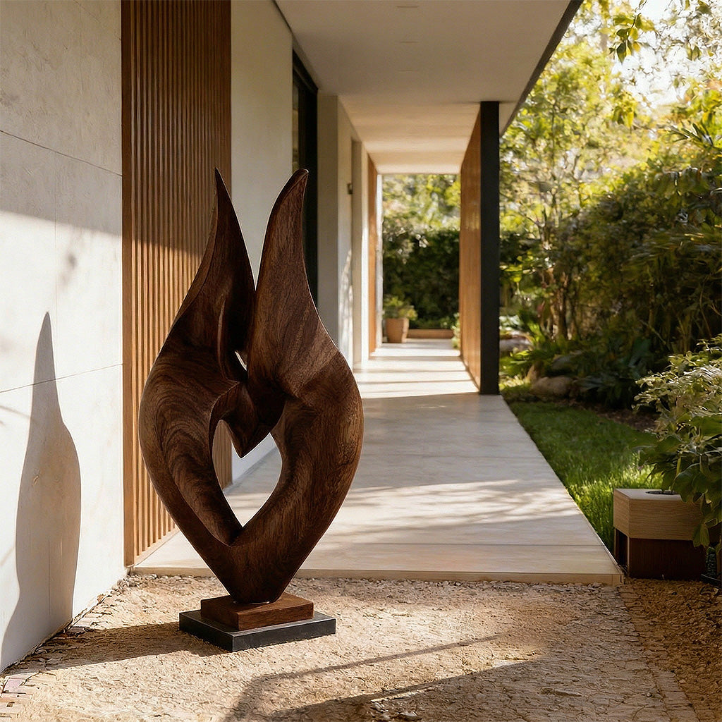 Abstract Embrace Sculpture in Natural Wood with Intertwined Form