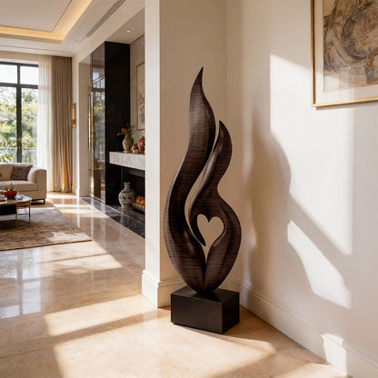 Abstract Flame Form Sculpture in Natural Wood with Dual Curves